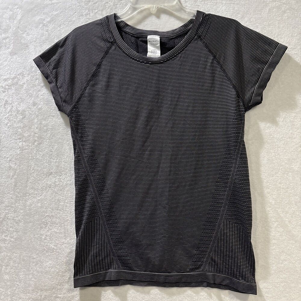 Athleta Momentum Seamless Short Sleeve Tee Shirt Black Mini Stripe Large Stretch